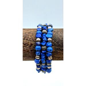 Carolyn Pollack Relios Sterling Lapis Lazuli Bead Nugget Memory Cuff Bracelet